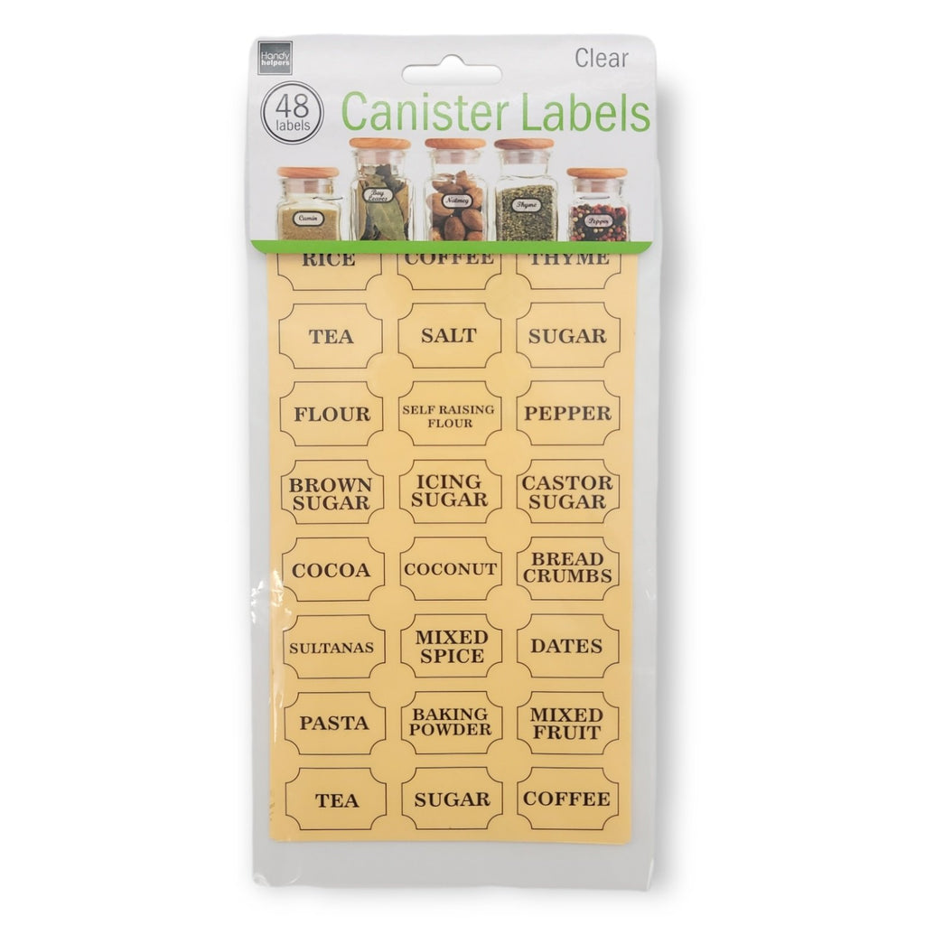 Handy Housewares  Clear Kitchen Pantry Preprinted Storage Canister Labels Set - 48 Stickers - Tag and Organize Spices, Dry Goods and More!
