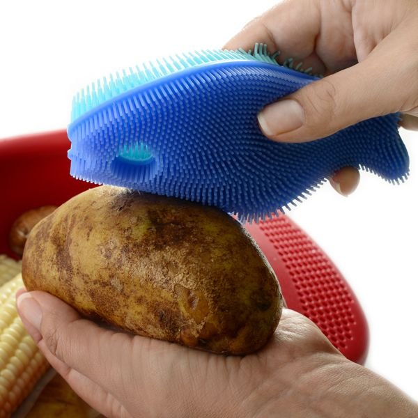 Norpro Silicone Dish Brush - Double Sided Multi Use Veggie Scrubber Pot  Holder - Blue (Fish)