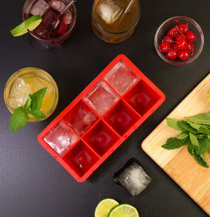 HIC Red Silicone Big Block Ice Cube Tray and Baking Mold - Makes 8 Oversized Cubes
