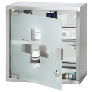 Handy Housewares Lockable Medical Cabinet, First Aid and Medicine Wall Mount Storage, Frosted Glass Door 2 Shelves and 2 Keys, 12" x 12" x 5"