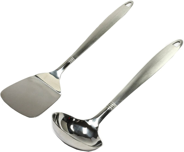 Chef Craft Stainless Steel Solid Spatula Turner & Ladle Set with Attractive Brushed Finish Handle