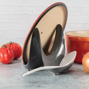 Hutzler Pot Lid Stand & Spoon Rest, Keeps Your Kitchen Countertop Clean - Holds 2 Pot Lids or 1 Pot Lid and Utensil